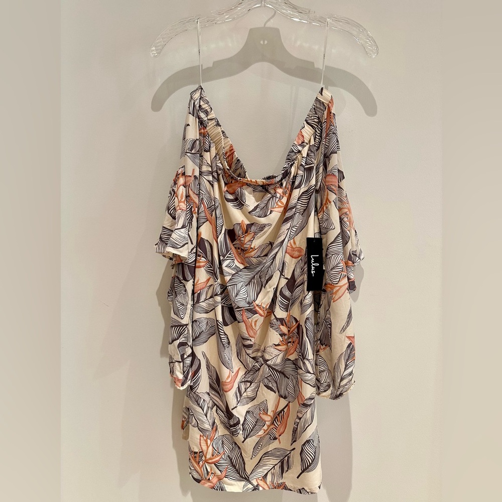 Lulus Sun Drenched Daydream Beige Floral Print Off-Shoulder Dress